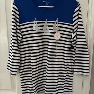 Kim Rogers Nautical Striped Glitter Sailboat Graphic 3/4 Sleeve Cotton Tee L